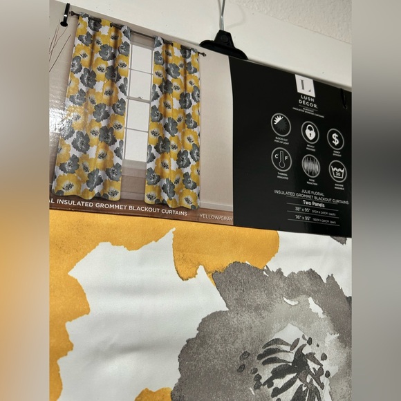 Yellow and Gray Floral Blackout Curtains - Picture 2 of 3